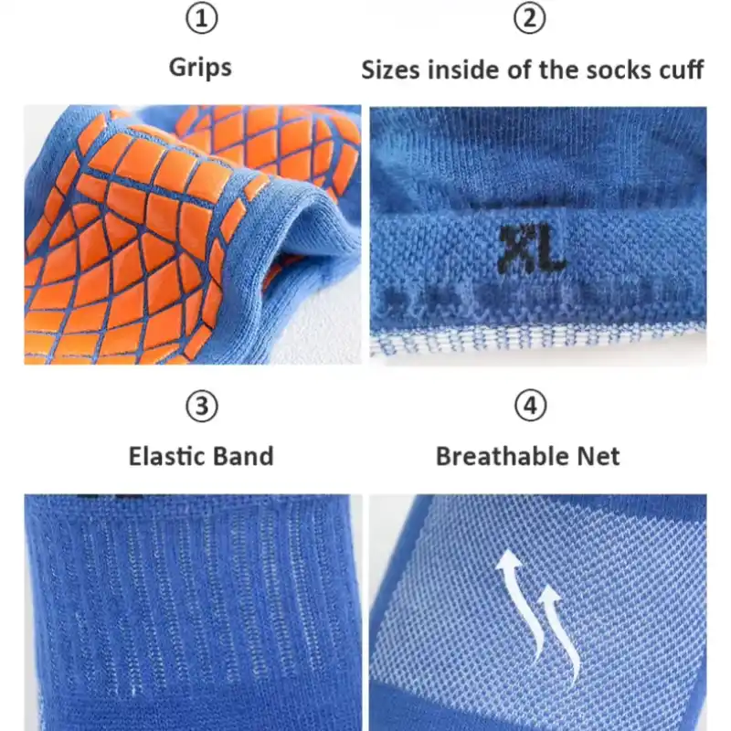 Trampoline jump socks with grips, elastic bands, and breathable mesh.