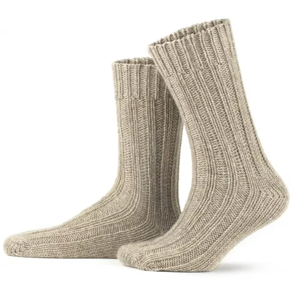Two ribbed beige-gray 100% alpaca wool socks, one upright and one slightly leaning.