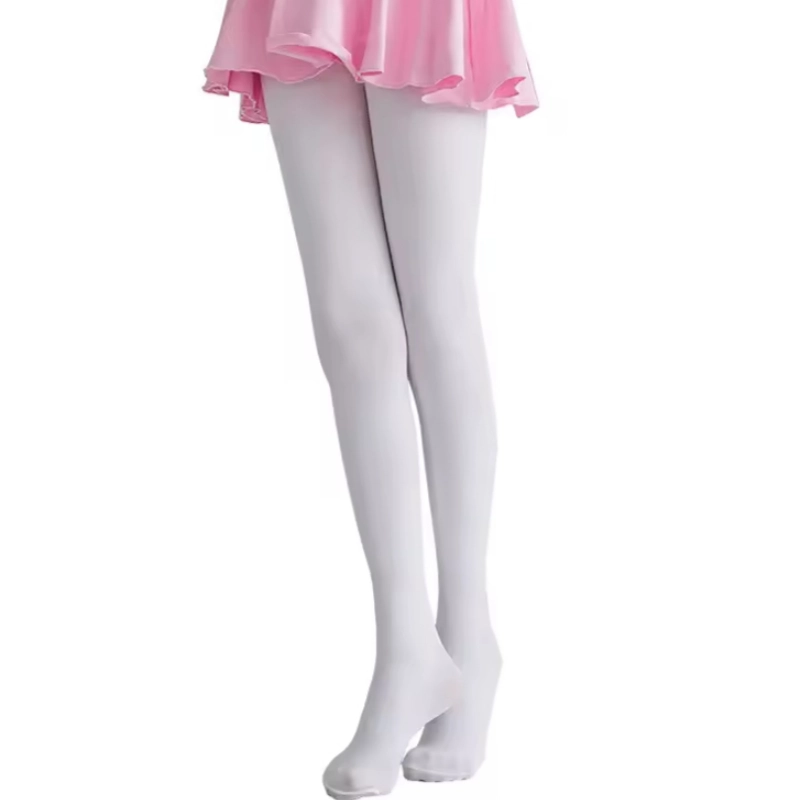 Little girl wearing pink dress and white kids ballet tights for dance practice