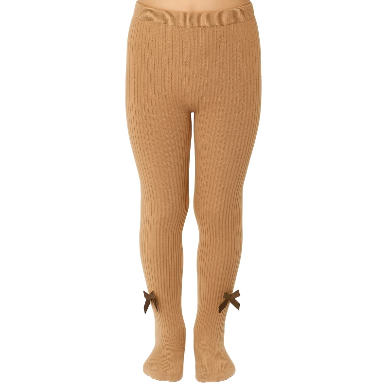 A close-up of a pair of Infant Newborn Tights in a ribbed camel color with dark brown bows.