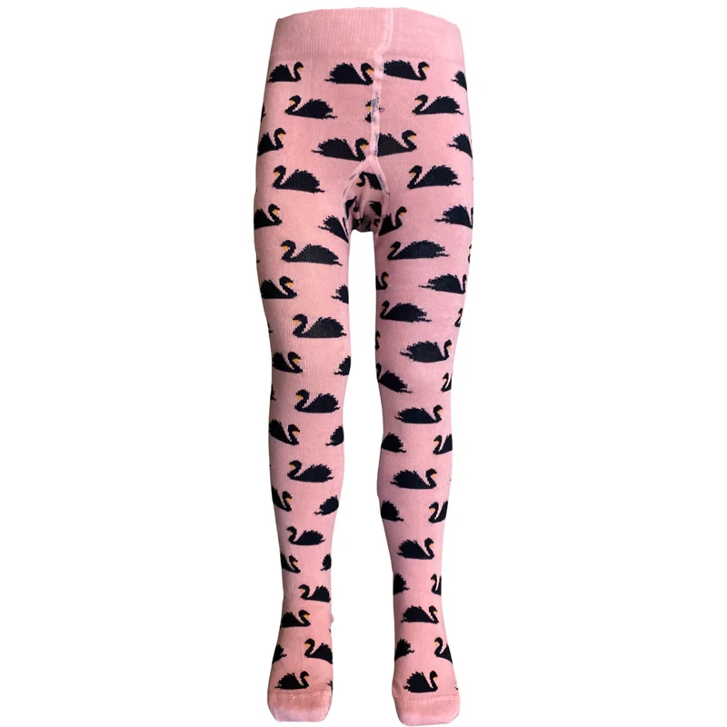 Close-up of pink kids thermal tights with black swan pattern for winter