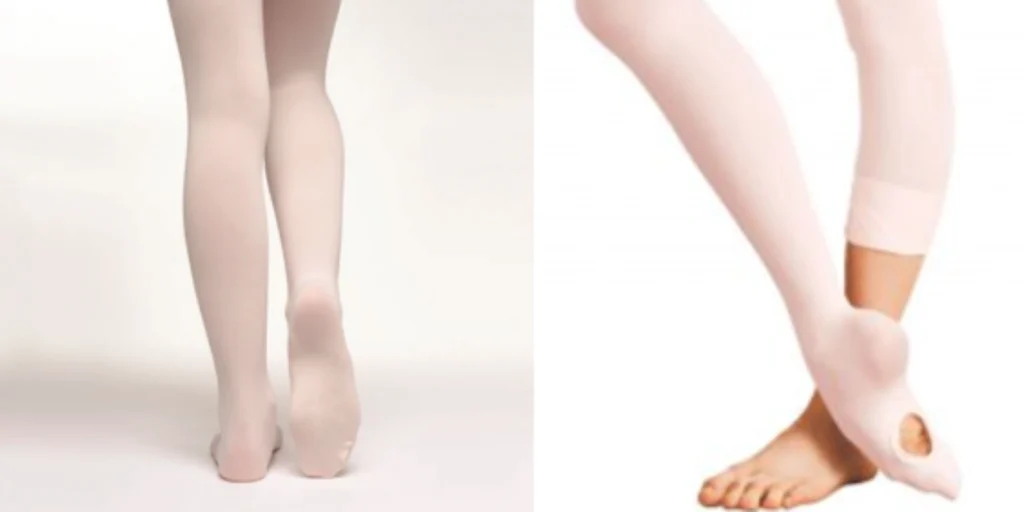 Close up of convertible dance tights showing the reinforced sole opening for quick toe access