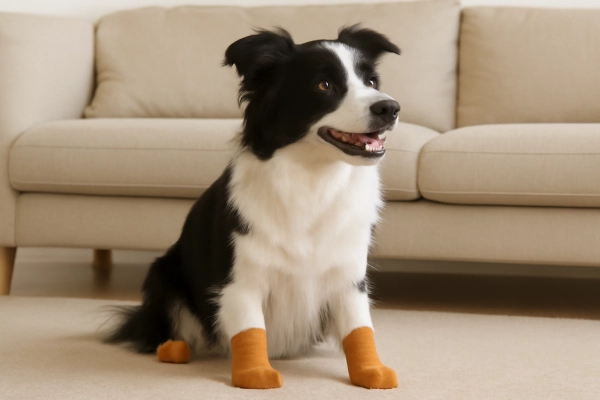 Dog wearing breathable non-slip socks indoors showing comfort for daily wear
