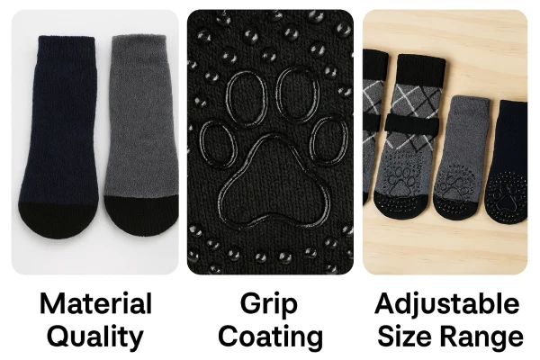 Dog grip socks showing fabric quality, anti slip paw grip, and different size options.