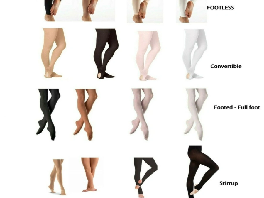 Footed tights used in classical ballet and jazz; convertible tights supporting barefoot contemporary work