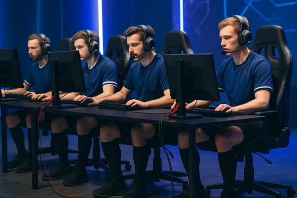 Gamers wearing compression socks during a game and sharing positive feedback about comfort and health benefits