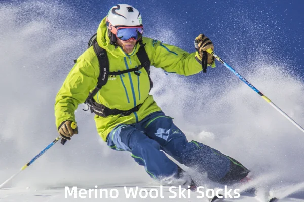 Skier in a bright green jacket enjoying the snow, wearing Merino Wool Ski Socks