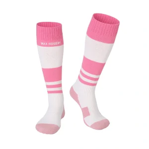Youth football socks with pink and white stripes by Max Hosiery, a manufacturer of custom youth sports apparel