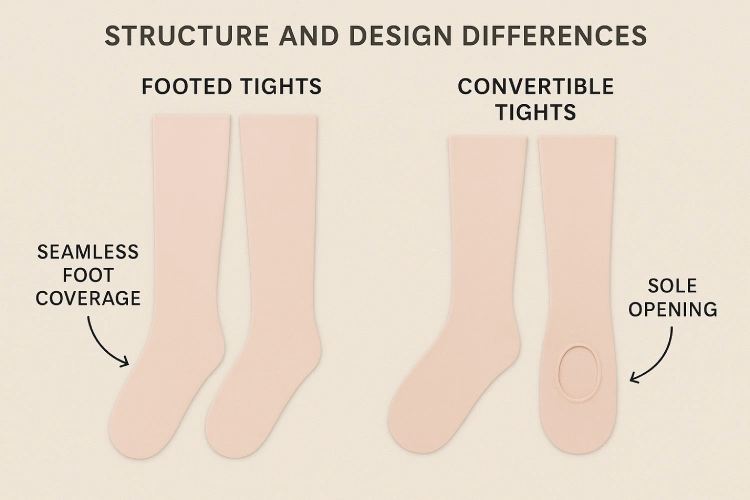 Side by side comparison of footed and convertible dance tights highlighting seamless foot coverage vs. sole opening