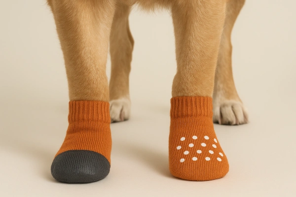 Dog grip socks with thick all-around rubber coating compared to thin silicone dot prints