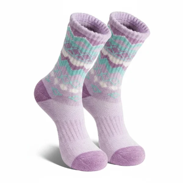 Close-up view of light purple and teal patterned knit winter running socks for insulation and support