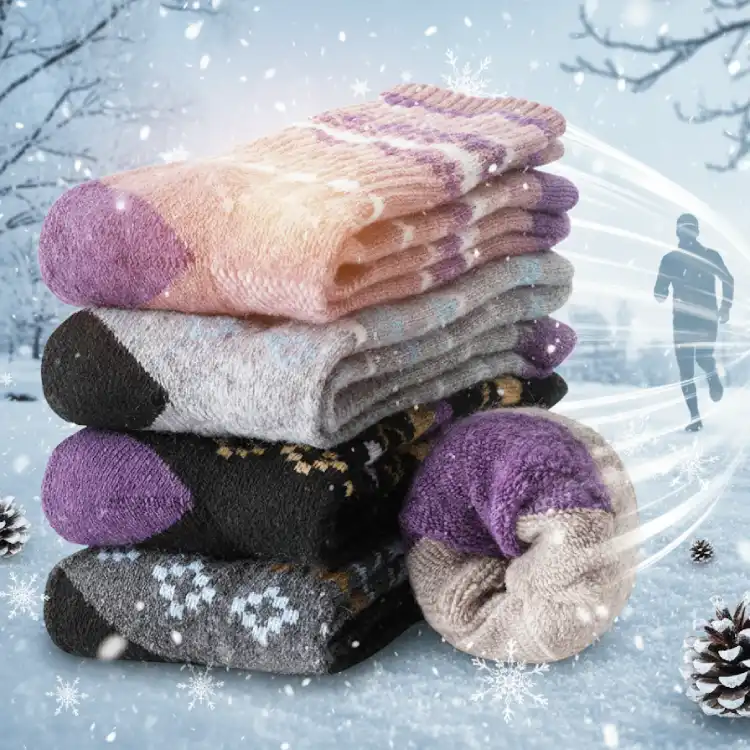 Stack of thick patterned winter running socks for warmth and comfort during cold weather running