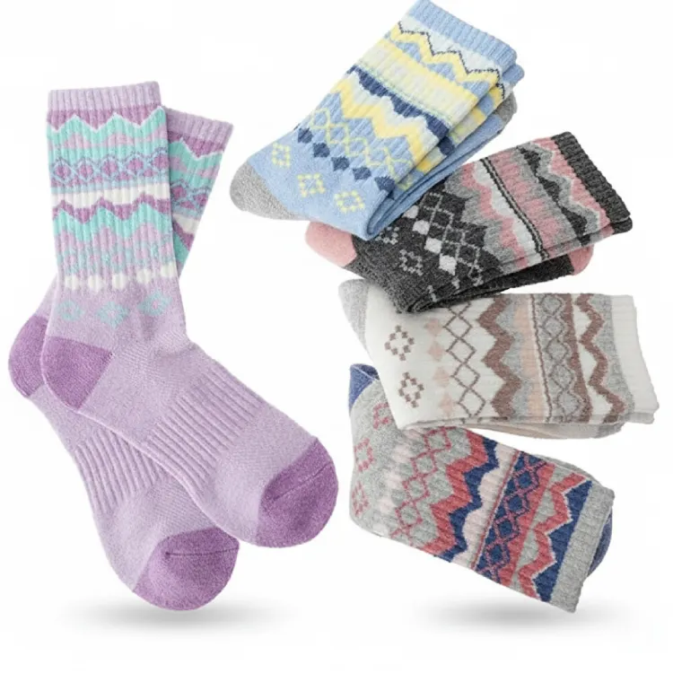 Detailed display of multiple patterned and colored winter running socks designs