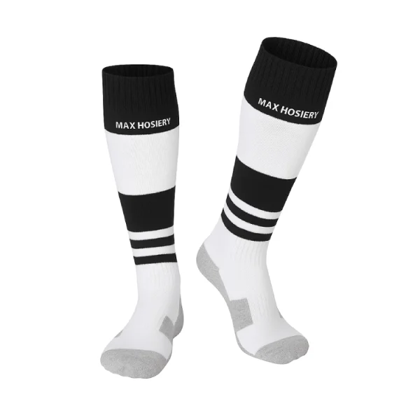 Personalized black and white striped youth football socks by Max Hosiery, a custom sock manufacturer