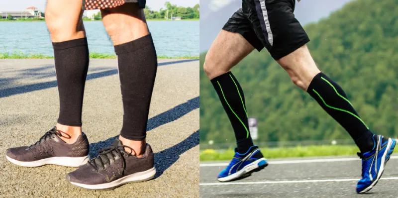 
Left: a man wearing black compression sleeves on his calves, standing on a trail. Right: a man running in black and neon green compression socks.