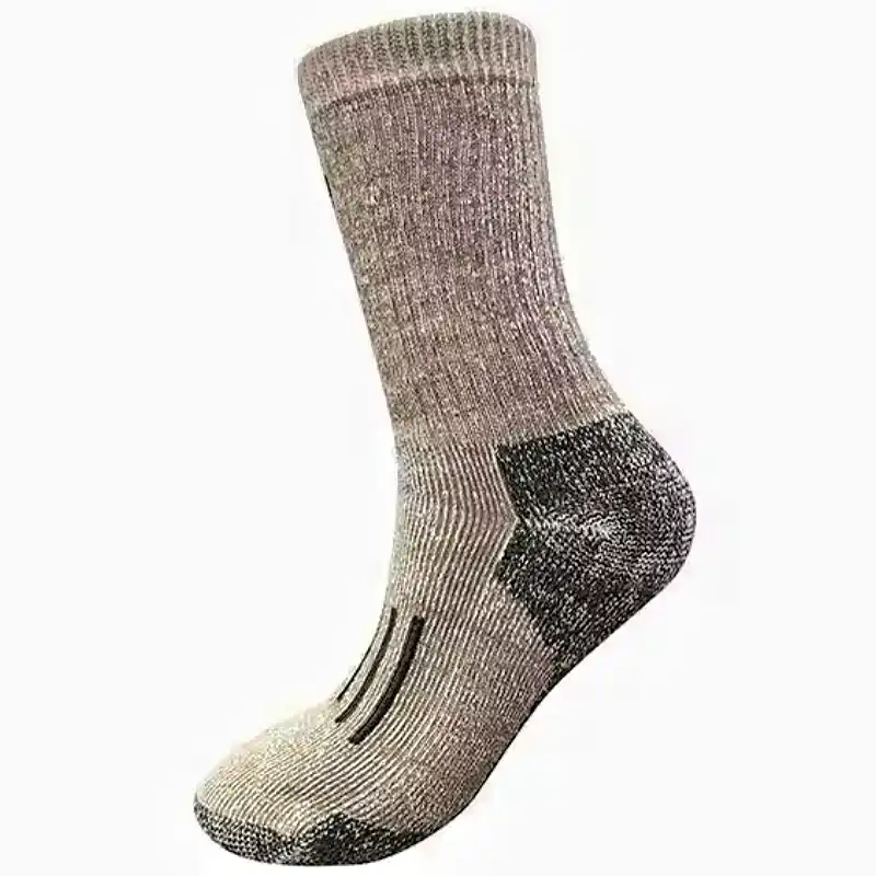 A detailed view of custom merino wool socks showing the cushioned heel and arch support.