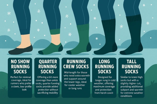 Illustration of winter running socks length options: No Show, Quarter, Crew, Long, and Tall