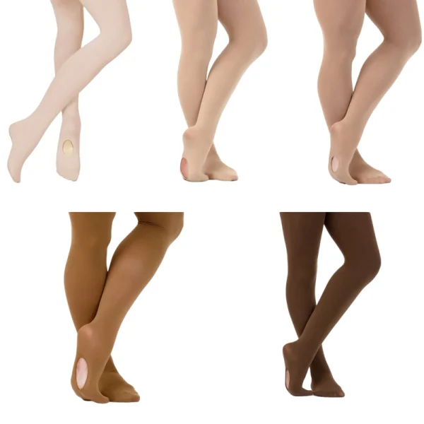 An assortment of dancers' legs wearing different skin-tone dance tights in an open-foot style.