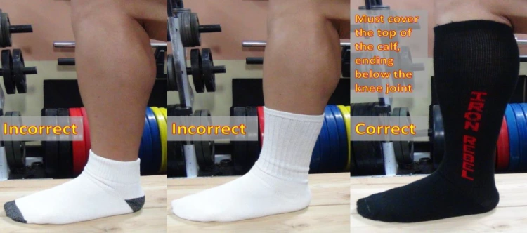 IPF recommend: Ankle-length gym socks versus knee-high deadlift socks showing shin coverage