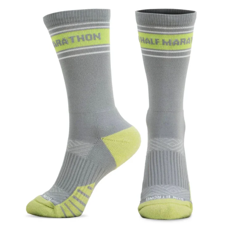 Breathable Marathon Running Compression Socks: Grey crew running socks with "HALF MARATHON" text and neon yellow accents.