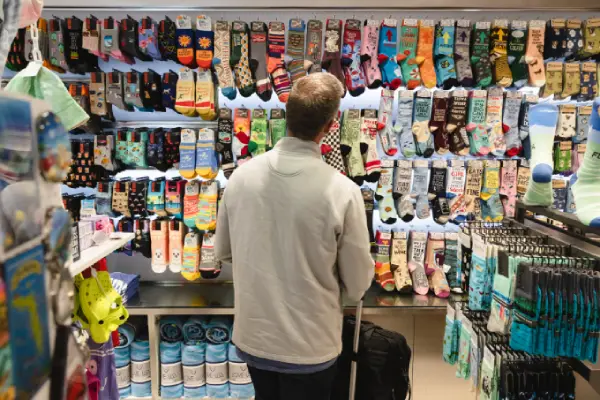 A man looking at a wall of colorful socks to choose printed socks.