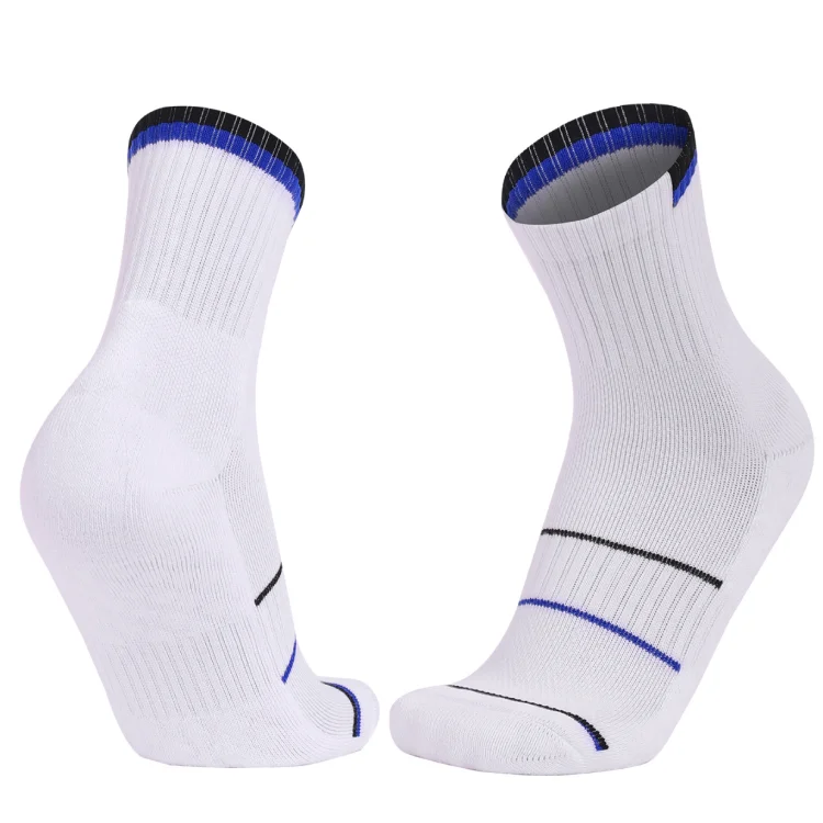 Quarter Seamless Running Socks: White crew running socks with blue and black striped accents.