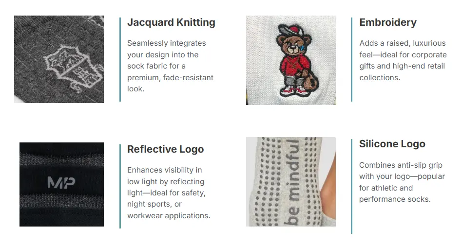 Examples of branding on running socks: jacquard, embroidery, reflective, silicone logos