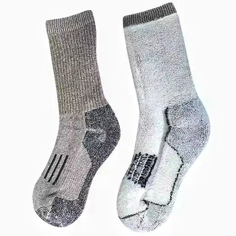 Merino wool boot socks in gray and light gray, showing comfortable, durable design