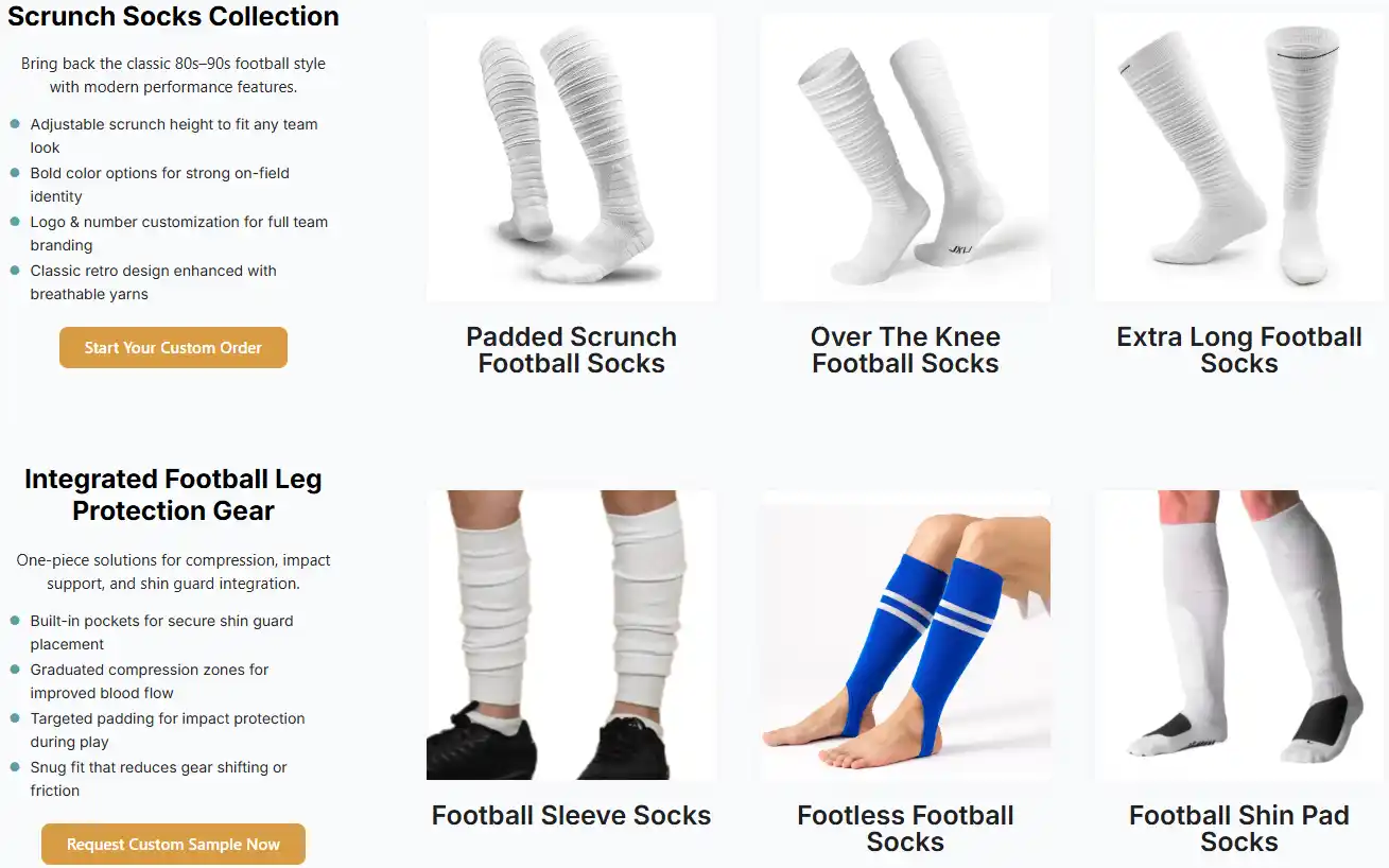 A variety of white socks including padded scrunch and over-the-knee football socks and more custom grip socks