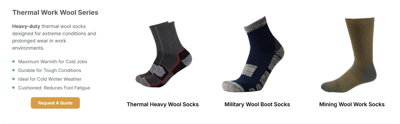 Close-up shot of three different types of more custom wool socks, including thermal heavy, military, and mining boot socks