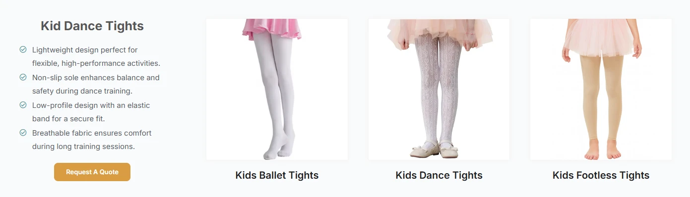 Three kids wearing more dance tights, including ballet, dance, and footless styles