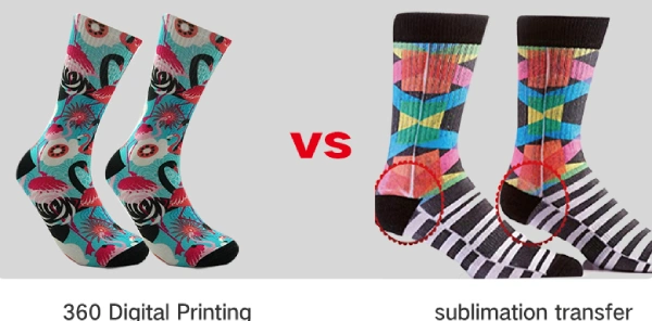 Image comparing the quality of 360° digital printed vs sublimation printed socks, highlighting print differences