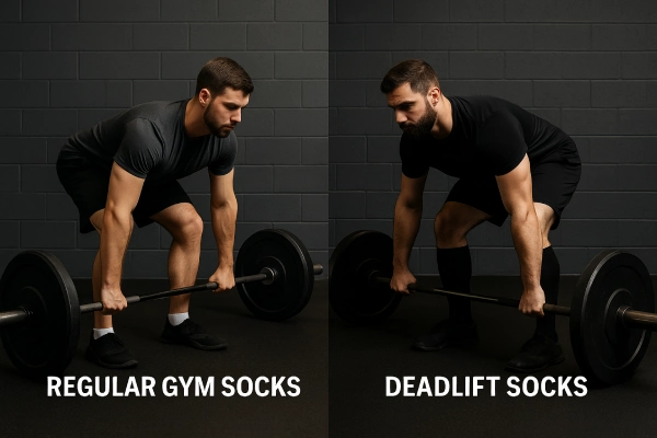 Deadlift socks vs regular gym socks comparison on lifters preparing to deadlift