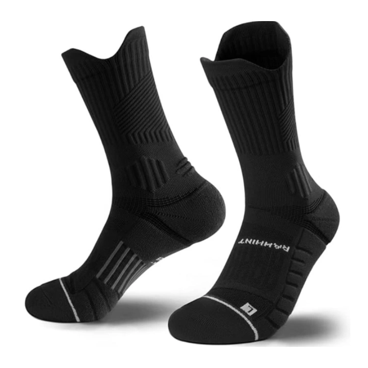 Anti-Blister Road Training Socks: Black compression running socks with grey accents, showing detailed cushioning.