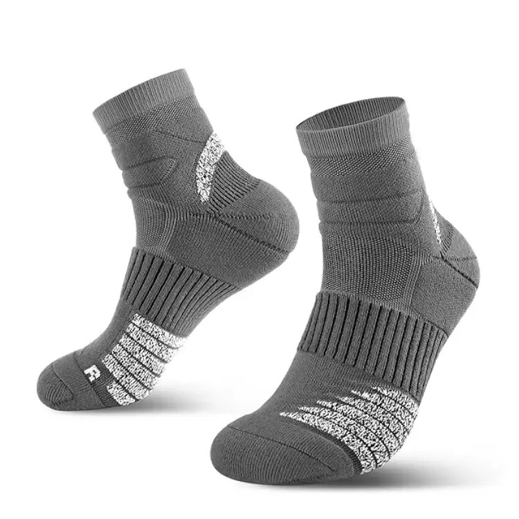 Feather-Light Interval Crew Socks: Grey cushioned running socks with white speckled anti-blister padding on heel and toe.