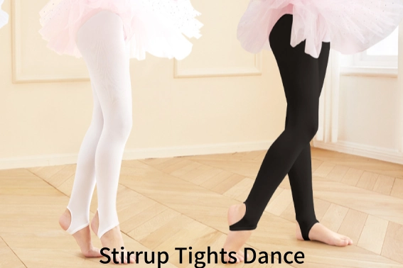 Close-up of a dancer’s legs wearing one footless tight and one stirrup tight, highlighting the bare sole and under-arch strap