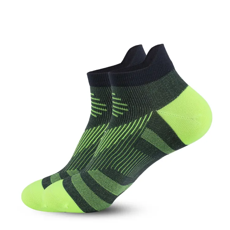 Lightweight Quick-Dry Low Cut Running Socks: Neon green and black ankle running socks with dynamic striped pattern.