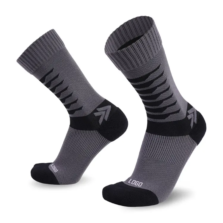 Cushioned Trail Running Socks: Grey and black mid-calf trail running socks with arch support design.
