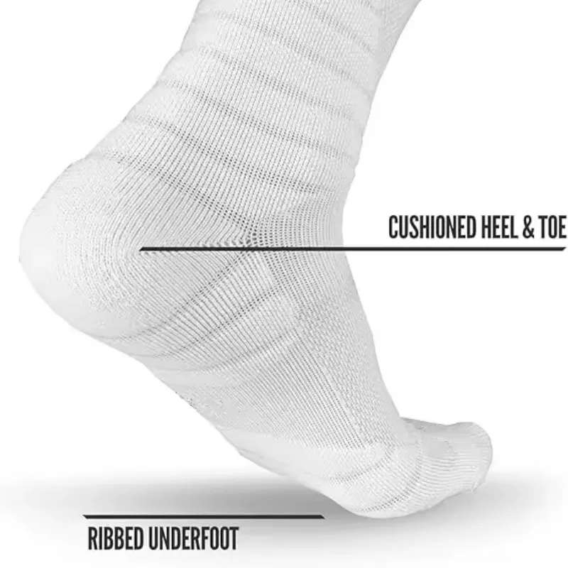 white scrunch socks with cushioned heel and toe and ribbed underfoot