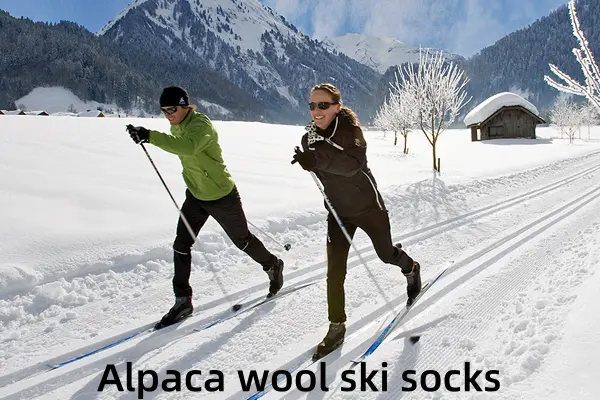 Young couple cross-country skiing, featuring warm alpaca wool ski socks for winter sports