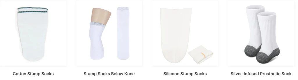 Different types of stump socks displayed for retail comparison, showing daily use, compression, and antimicrobial models