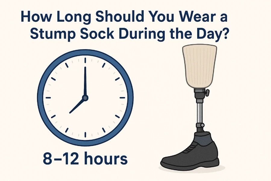 Illustration showing safe daytime wear duration of stump socks, typically 8 to 12 hours for prosthetic users