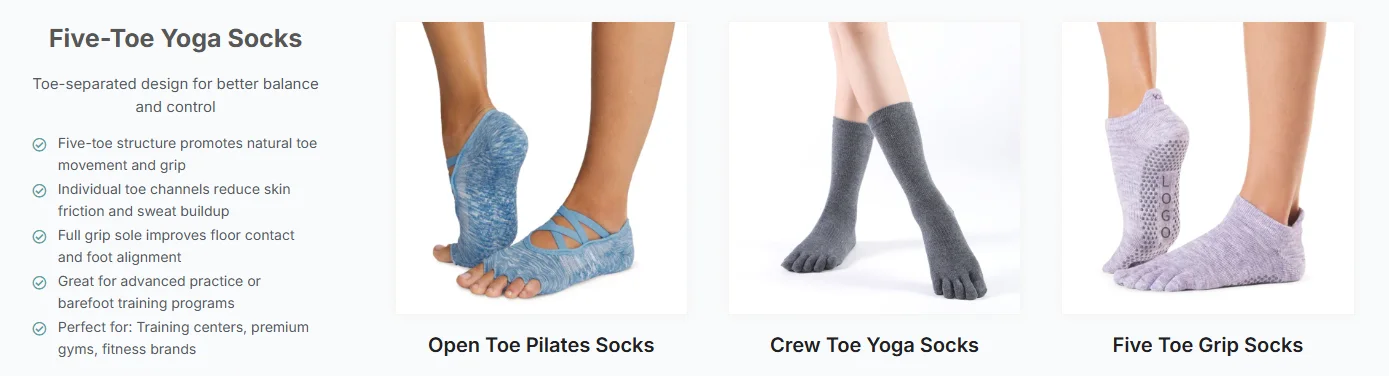 Display of three different styles of MORE Yoga toe socks including open toe, crew toe, and five toe grip socks