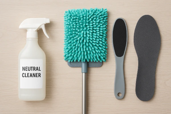 Neutral cleaner and microfiber mop with a foot file and textured insole—practical add ons to boost traction