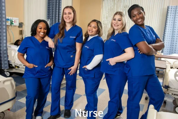 Five happy nurses in blue scrubs demonstrating the benefit of Toeless compression socks for long shifts