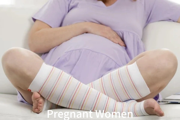 Pregnant woman wearing striped Toeless compression socks for comfort and circulation