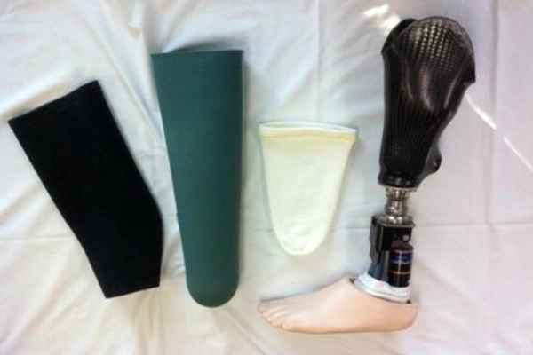Soft, breathable stump sock covering an amputated limb to improve prosthetic comfort and protect the skin
