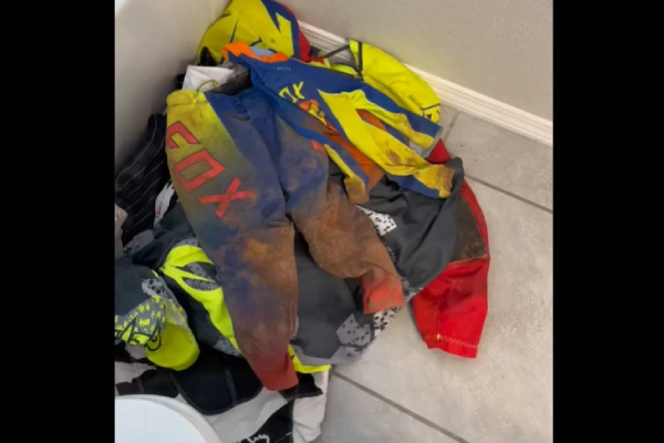 Abrasion resistant heel and colorfast motocross socks after muddy race washing