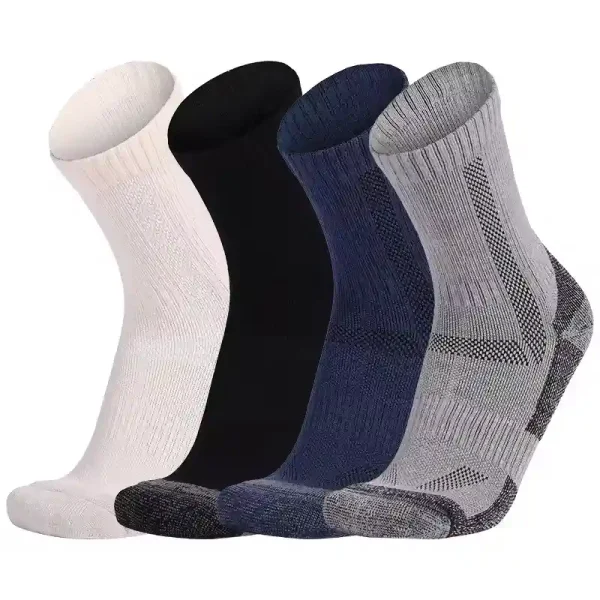Four-pack of cushioned bicycle socks in white, black, blue, and grey