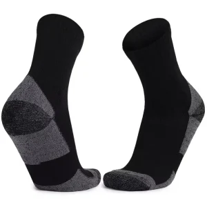 Two views of black cycling socks with a red trim detail at the cuff and toe